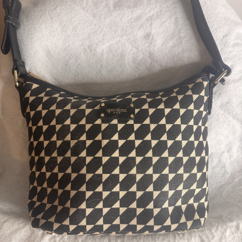 Spartina 449 Black and Cream Geometric Canvas Shoulder Hobo